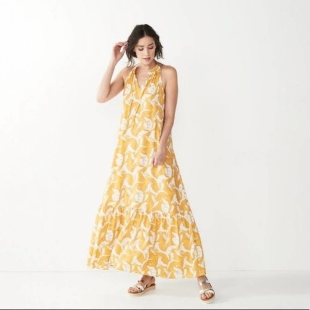 Nine West Yellow Floral Peasant Tiered Yellow Maxi Dress Sleeveless Boho Flowy